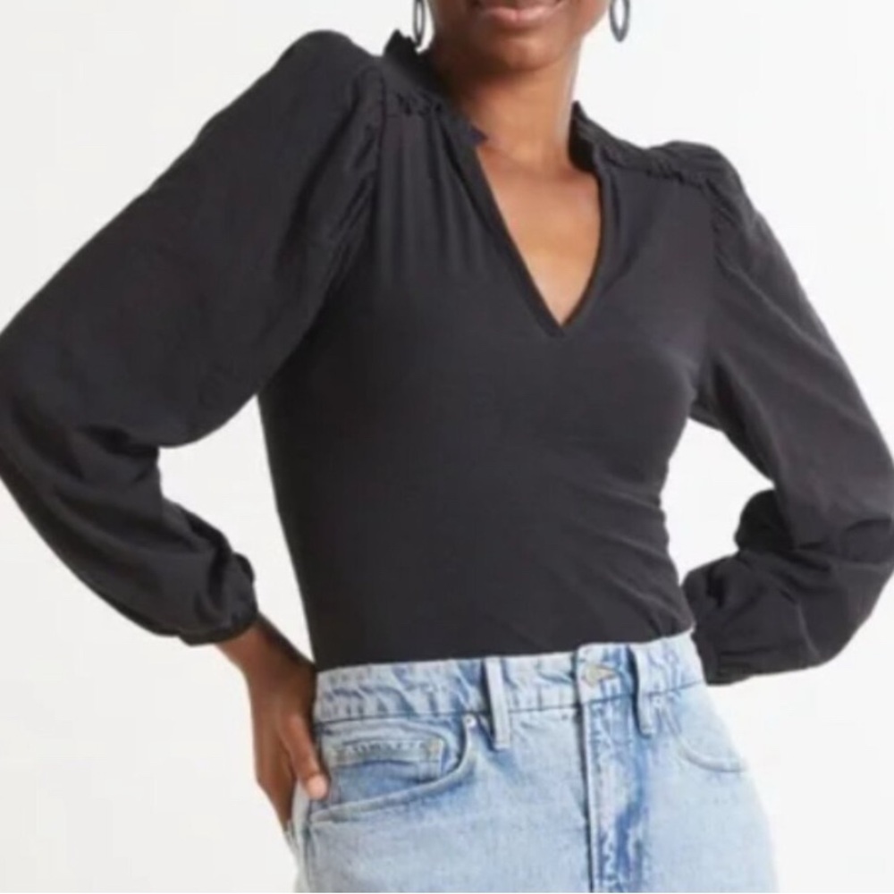 Nation Ltd Tee Top Womens S Claudine Yoked Ruffle Puff Balloon Sleeve Black Boho